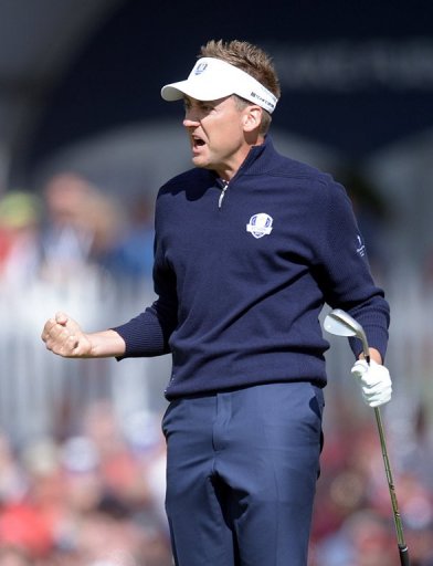 Ian Poulter celebrates a birdie on the final day of the Ryder Cup at Medinah on September 30, 2012 Ian Poulter celebrates a birdie on the final day of the Ryder Cup at Medinah on September 30, 2012