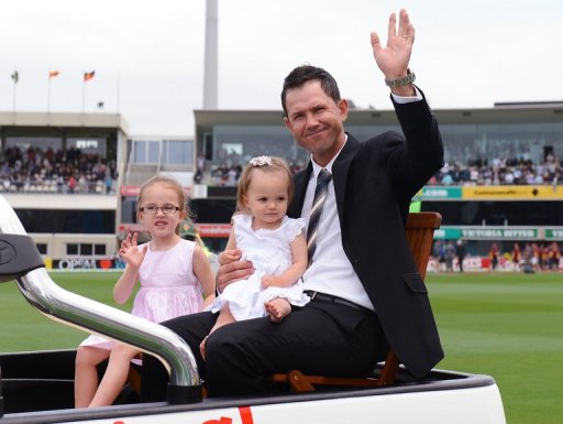 Ricky Ponting does a lap of honour with his daughters before the Test in Hobart on December 14, 2012 Ricky Ponting does a lap of honour with his daughters before the Test in Hobart on December 14, 2012