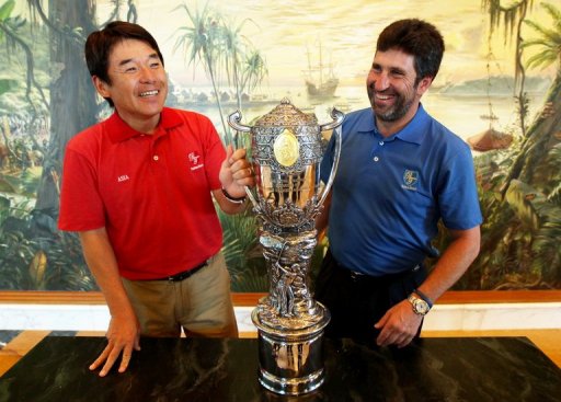 Team captains Jose Olazabal (right) and 'Joe' Ozaki with the Royal Trophy in Bandar Seri Begawan on December 11, 2012 Team captains Jose Olazabal (right) and 'Joe' Ozaki with the Royal Trophy in Bandar Seri Begawan on December 11, 2012