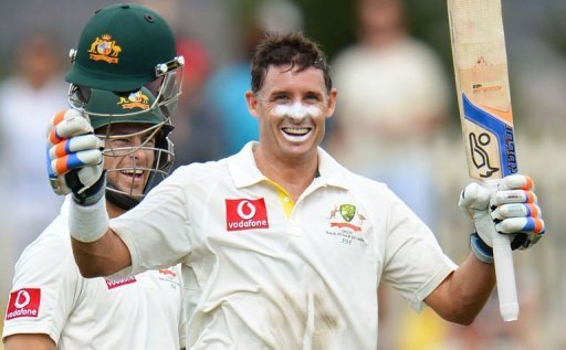Australia's batsman Mike Hussey (right) celebrates his century against Sri Lanka, in Hobart, on December 15 Australia's batsman Mike Hussey (right) celebrates his century against Sri Lanka, in Hobart, on December 15