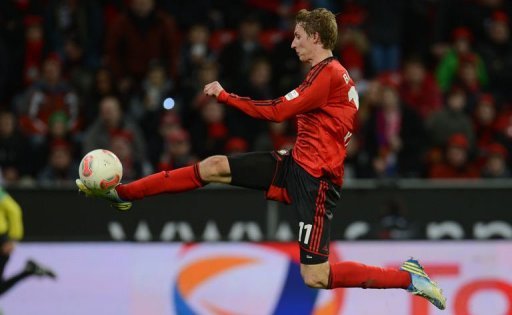 Leverkusen's striker Stefan Kiessling scores on December 15, 2012 Leverkusen's striker Stefan Kiessling scores on December 15, 2012