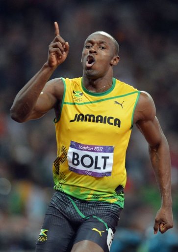 Jamaica’s Usain Bolt takes gold in the men's 100m final at the London 2012 Olympics on August 5, 2012 Jamaica’s Usain Bolt takes gold in the men's 100m final at the London 2012 Olympics on August 5, 2012
