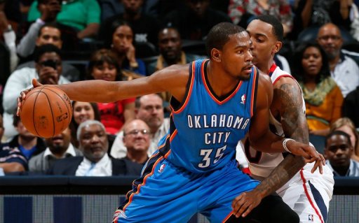 Kevin Durant (L) of the Oklahoma City Thunder during their game against the Atlanta Hawks on December 19, 2012 Kevin Durant (L) of the Oklahoma City Thunder during their game against the Atlanta Hawks on December 19, 2012
