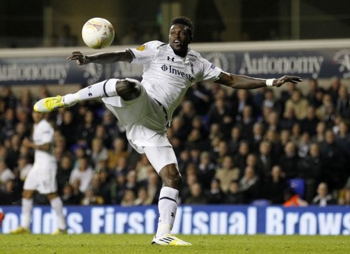 Emmanuel Adebayor takes a shot for Tottenham Hotspur against NK Maribor at White Hart Lane on November 8, 2012 Emmanuel Adebayor takes a shot for Tottenham Hotspur against NK Maribor at White Hart Lane on November 8, 2012