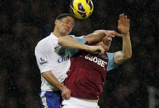 Everton's Steven Pienaar (L) jumps for the ball with West Ham United's James Collins in London on December 22, 2012 Everton's Steven Pienaar (L) jumps for the ball with West Ham United's James Collins in London on December 22, 2012