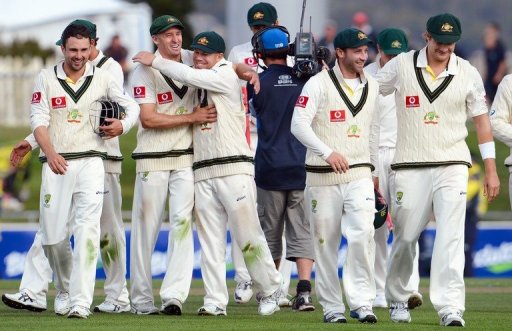 Australian team celebrate after bowling Sri Lanka out, in Hobart, on December 18, 2012 Australian team celebrate after bowling Sri Lanka out, in Hobart, on December 18, 2012