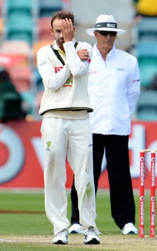 Australian spinner Nathan Lyon reacts after bowling to the Sri Lankan batsman, in Hobart, on December 18, 2012 Australian spinner Nathan Lyon reacts after bowling to the Sri Lankan batsman, in Hobart, on December 18, 2012