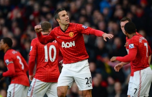 Robin van Persie celebrates scoring the first goal against Sunderland at Old Trafford on December 15, 2012 Robin van Persie celebrates scoring the first goal against Sunderland at Old Trafford on December 15, 2012