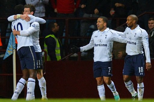 Tottenham's Emmanuel Adebayor (L) congratulates Gareth Bale on scoring a goal vs Aston Villa, on December 26, 2012 Tottenham's Emmanuel Adebayor (L) congratulates Gareth Bale on scoring a goal vs Aston Villa, on December 26, 2012