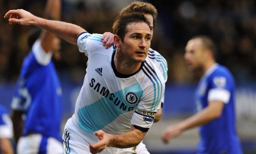 Chelsea midfielder Frank Lampard scores against Everton at Liverpool's Goodison Park on December 30, 2012 Chelsea midfielder Frank Lampard scores against Everton at Liverpool's Goodison Park on December 30, 2012
