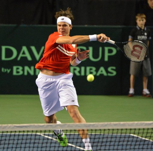 Milos Raonic plays a return during a Davis Cup tie in Vancouver on February 1, 2013 Milos Raonic plays a return during a Davis Cup tie in Vancouver on February 1, 2013