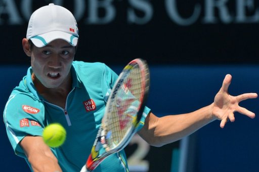 Kei Nishikori hits a return to David Ferrer during their match at the Australian Open on January 20, 2013 Kei Nishikori hits a return to David Ferrer during their match at the Australian Open on January 20, 2013