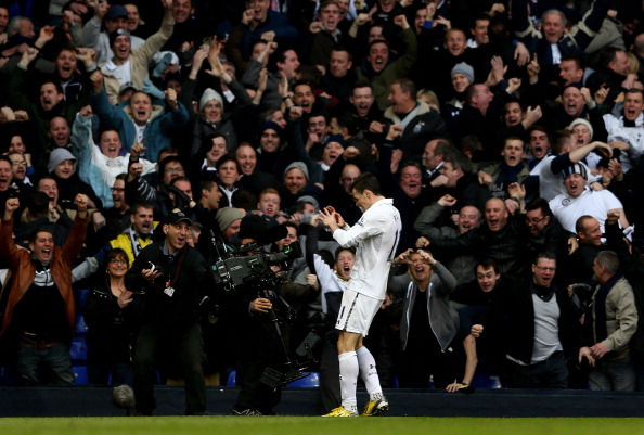 LONDON, ENGLAND - MARCH 03: Gareth Bale of Spurs celebrates after scoring the opening goal during the Barclays Premier League match between Tottenham Hotspur and Arsenal FC at White Hart Lane