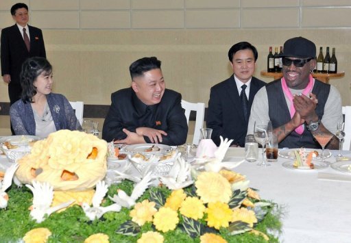 Kim Jong-Un (centre left), his wife Ri Sol-Ju and Dennis Rodman at a dinner in Pyongyang on February 28, 2013 Kim Jong-Un (centre left), his wife Ri Sol-Ju and Dennis Rodman at a dinner in Pyongyang on February 28, 2013