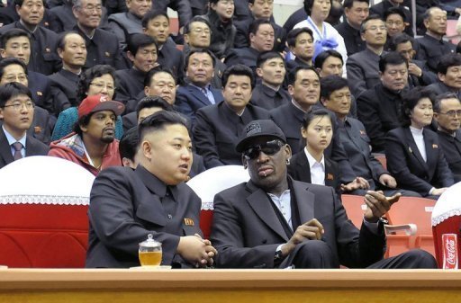 Kim Jong-Un (front left) and Dennis Rodman (front right) at a basketball game in Pyongyang on February 28, 2013 Kim Jong-Un (front left) and Dennis Rodman (front right) at a basketball game in Pyongyang on February 28, 2013