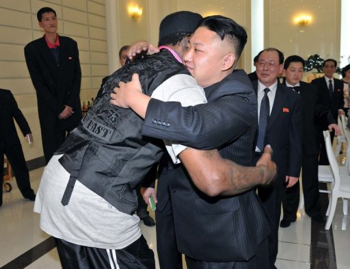 Kim Jong-Un (right) hugs Dennis Rodman (left) at a dinner in Pyongyang on February 28, 2013 Kim Jong-Un (right) hugs Dennis Rodman (left) at a dinner in Pyongyang on February 28, 2013