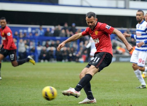 Giggs scores Manchester United's second goal against Queens Park Rangers at Loftus Road on February 23, 2012 Giggs scores Manchester United's second goal against Queens Park Rangers at Loftus Road on February 23, 2012
