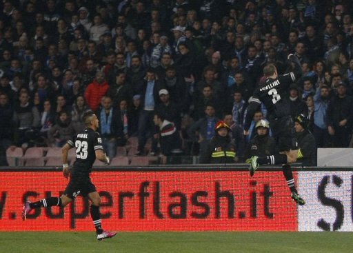 Juventus' defender Giorgio Chiellini (R) celebrates after scoring at San Paolo Stadium in Naples on March 1, 2013 Juventus' defender Giorgio Chiellini (R) celebrates after scoring at San Paolo Stadium in Naples on March 1, 2013