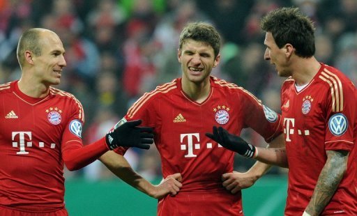 Bayern Munich's Arjen Robben, Thomas Mueller and Mario Mandzukic are pictured in Munich on February 27, 2013 Bayern Munich's Arjen Robben, Thomas Mueller and Mario Mandzukic are pictured in Munich on February 27, 2013