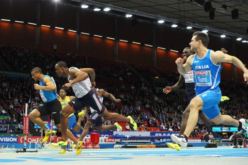 L-R: France's Jimmy Vicaut, Great Britain's James Dasaolu & Italy's Michael Tumi compete in the Men's 60m, March 2, 2013 L-R: France's Jimmy Vicaut, Great Britain's James Dasaolu & Italy's Michael Tumi compete in the Men's 60m, March 2, 2013