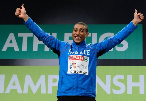 France's Jimmy Vicaut celebrates winning the men's 60m final on March 2, 2013 France's Jimmy Vicaut celebrates winning the men's 60m final on March 2, 2013