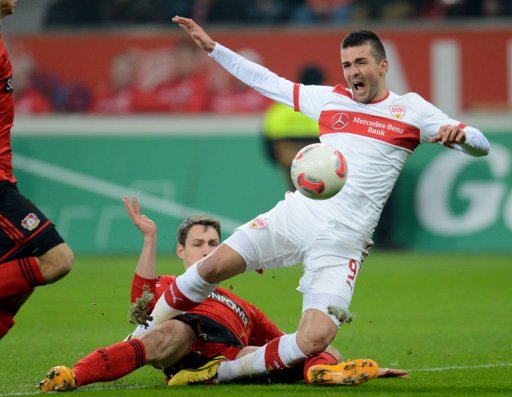 Leverkusen's Daniel Schwaab and Stuttgart's Vedad Ibisevic (R) fight for the ball on March 2, 2013 Leverkusen's Daniel Schwaab and Stuttgart's Vedad Ibisevic (R) fight for the ball on March 2, 2013