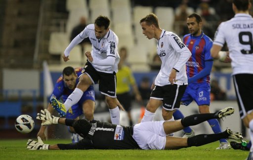 Valencia's Jonas (L) shoots to score against Levante UD at the Mestalla stadium in Valencia on March 2, 2013 Valencia's Jonas (L) shoots to score against Levante UD at the Mestalla stadium in Valencia on March 2, 2013