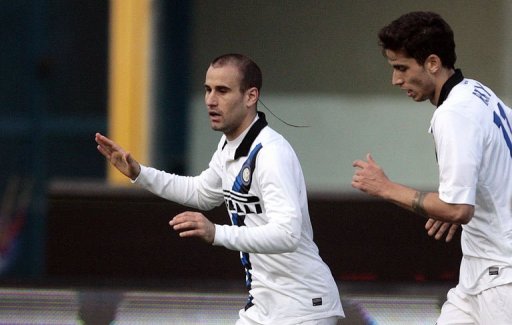 Inter Milan's Rodrigo Palacio (L) celebrates after scoring on March 3, 2012 at Angelo Massimino stadium in Catania Inter Milan's Rodrigo Palacio (L) celebrates after scoring on March 3, 2012 at Angelo Massimino stadium in Catania