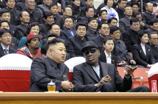 Kim Jong-Un (front L) and Dennis Rodman (front R) speaking at a basketball game in Pyongyang on February 28, 2013 Kim Jong-Un (front L) and Dennis Rodman (front R) speaking at a basketball game in Pyongyang on February 28, 2013