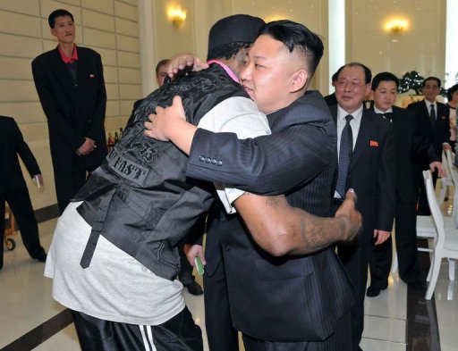 Kim Jong-Un (front R) hugging Dennis Rodman during a dinner in Pyongyang on March 1, 2013 Kim Jong-Un (front R) hugging Dennis Rodman during a dinner in Pyongyang on March 1, 2013