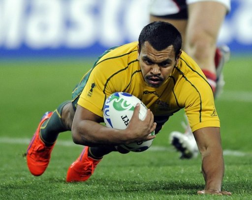 Kurtley Beale scores a try during the 2011 Rugby World Cup match against the US at Wellingtonon September 23, 2011 Kurtley Beale scores a try during the 2011 Rugby World Cup match against the US at Wellingtonon September 23, 2011
