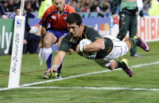 Morne Steyn scores a try during the 2011 Rugby World Cup match against Namibia in Auckland on September 22, 2011 Morne Steyn scores a try during the 2011 Rugby World Cup match against Namibia in Auckland on September 22, 2011