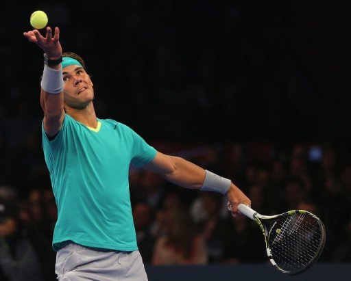 Rafael Nadal serves during an exhibition match against Argentina's Juan Martin Del Potro in New York on March 4, 2013 Rafael Nadal serves during an exhibition match against Argentina's Juan Martin Del Potro in New York on March 4, 2013