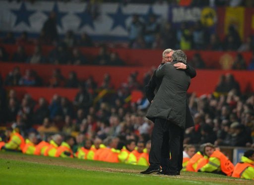 Alex Ferguson (L) and Jose Mourinho embrace towards the end of the UEFA Champions League match on March 5, 2013 Alex Ferguson (L) and Jose Mourinho embrace towards the end of the UEFA Champions League match on March 5, 2013