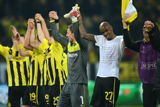 Borussia Dortmund celebrate beating Shakhtar Donetsk over two Champions League legs, on March 5, 2013 Borussia Dortmund celebrate beating Shakhtar Donetsk over two Champions League legs, on March 5, 2013
