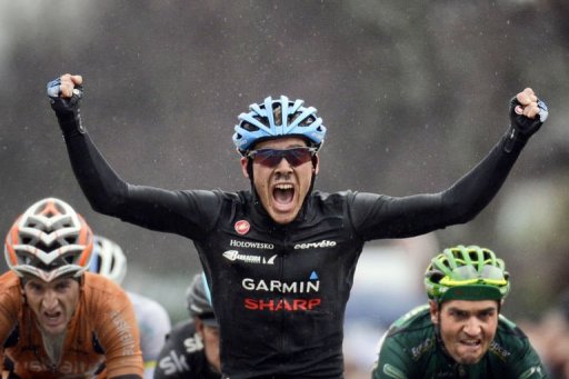 Team Garmin-Sharp's US cyclist Andrew Talansky celebrates as he crosses the finish line on March 6, 2013 Team Garmin-Sharp's US cyclist Andrew Talansky celebrates as he crosses the finish line on March 6, 2013