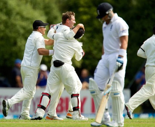 New Zealand celebrate the wicket of Matt Prior as the Kiwis bowled out England for 167 on March 7, 2013 New Zealand celebrate the wicket of Matt Prior as the Kiwis bowled out England for 167 on March 7, 2013