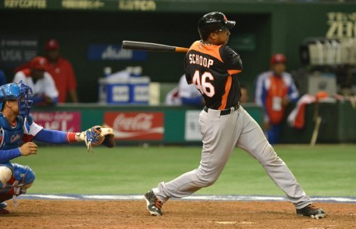 Netherlands' Jonathan Schoop bats as Cuba's catcher Frank Morejon looks on at Tokyo Dome on March 8, 2013 Netherlands' Jonathan Schoop bats as Cuba's catcher Frank Morejon looks on at Tokyo Dome on March 8, 2013