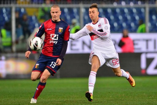 AC Milan's forward Stephan El Shaarawy (R) clashes with Genoa's defender Luca Antonelli on March 8, 2013 AC Milan's forward Stephan El Shaarawy (R) clashes with Genoa's defender Luca Antonelli on March 8, 2013