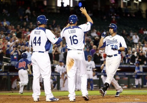 Chris Colabello (R) hit a three-run home run against Canada in the World Baseball Classic on March 8, 2013. Chris Colabello (R) hit a three-run home run against Canada in the World Baseball Classic on March 8, 2013.