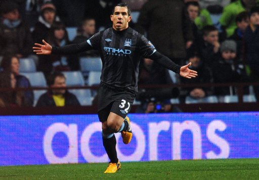 Manchester City striker Carlos Tevez celebrates scoring against Aston Villa on March 4, 2013 Manchester City striker Carlos Tevez celebrates scoring against Aston Villa on March 4, 2013