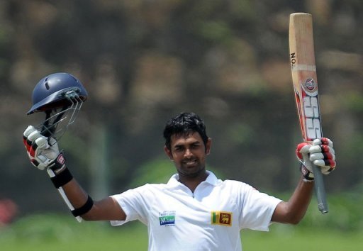 Lahiru Thirimanne raises his bat after scoring a century during the opening Test against Bangladesh on March 9, 2013 Lahiru Thirimanne raises his bat after scoring a century during the opening Test against Bangladesh on March 9, 2013