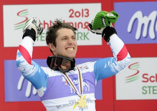 Marcel Hirscher poses on the podium after the men's slalom at the 2013 Ski World Championships on February 17, 2013 Marcel Hirscher poses on the podium after the men's slalom at the 2013 Ski World Championships on February 17, 2013