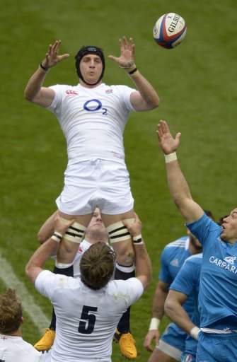 England's no 8 Tom Wood is hoist up to claim the ball at Twickenham on March 10, 2013 England's no 8 Tom Wood is hoist up to claim the ball at Twickenham on March 10, 2013