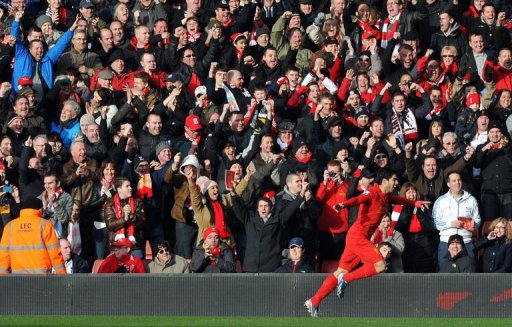 Liverpool's Luis Suarez celebrates scoring in Liverpool on March 10, 2013 Liverpool's Luis Suarez celebrates scoring in Liverpool on March 10, 2013