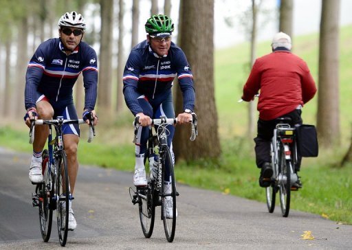 France's Thomas Voeckler (left) and head coach of team France Laurent Jalabert, September 18, 2012, Valkenburg France's Thomas Voeckler (left) and head coach of team France Laurent Jalabert, September 18, 2012, Valkenburg