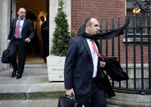 France's Philippe Saint Andre (R) and assistant coach Yannick Bru (L) leave their hotel in Dublin on March 10, 2013 France's Philippe Saint Andre (R) and assistant coach Yannick Bru (L) leave their hotel in Dublin on March 10, 2013