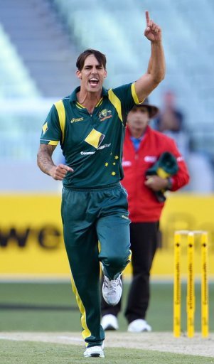 Australian bowler Mitchell Johnson celebrates dismissing West Indies batsman Kieran Powell on February 10, 2013 Australian bowler Mitchell Johnson celebrates dismissing West Indies batsman Kieran Powell on February 10, 2013