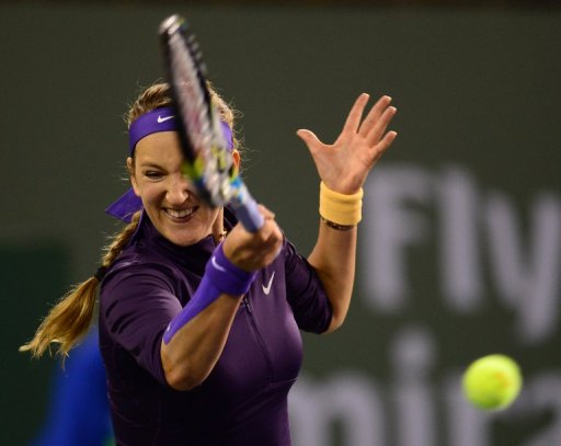 Victoria Azarenka hits a forehand return to Kirsten Flipkens at Indian Wells on March 11, 2013 Victoria Azarenka hits a forehand return to Kirsten Flipkens at Indian Wells on March 11, 2013