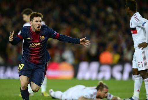 Barcelona's Lionel Messi celebrates his second goal against Milan on March 12, 2013 Barcelona's Lionel Messi celebrates his second goal against Milan on March 12, 2013
